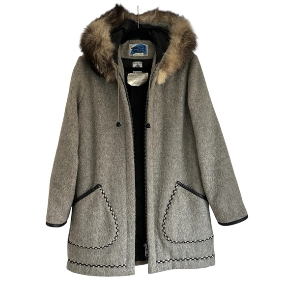 Vintage Inuit Grey Wool Brown Fur Hood Wool Coat Parka Size 10 Large - Picture 1 of 15